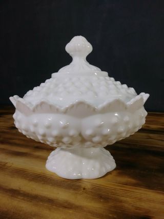 Fenton Hobnail White Milk Glass Footed Candy Jar,  Bowl W/ Lid Scalloped Look Vtg