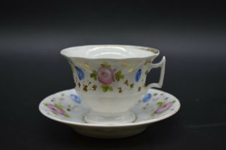 Old Paris French Empire Style Hp Pink Roses & Gold Footed Tea Cup & Saucer B