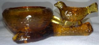 Mosser Amber Glass Bird On Tree Limb Birdbath Salt Cellar Dip 3 - 1/2 " X 1 - 1/2 "