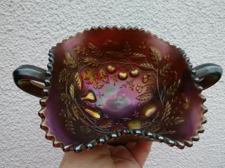 NORTHWOOD THREE FRUITS ANTIQUE AMETHYST IRIDESCENT CARNIVAL GLASS DISH Signed N 3