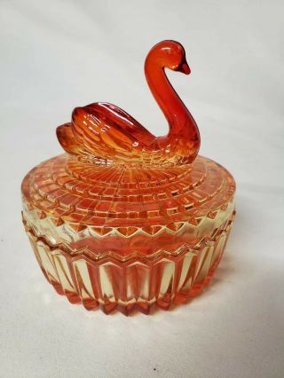 Vintage Jeanette Glass Swan Covered Powder Dish/ Candy Dish.  Amberina Color