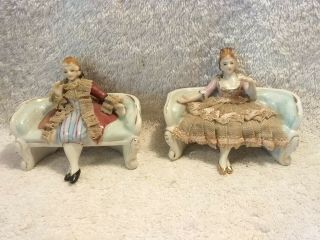 Dresden Porcelain Lady And Gentleman Sitting On Separate Couches Lace Figurines