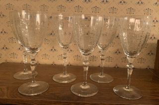 Crystal Wine Glasses Etched Flower Floral Vintage Delicate Stemware (6)