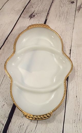 Anchor Hocking Fire King White Milk Glass Divided Platter Relish Dish Gold Trim 2