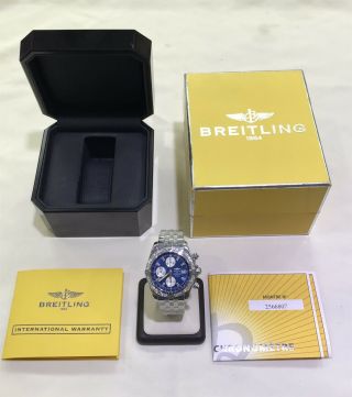 Breitling A13356 Chronomat Evolution Blue Dial 1.  60ct Diamond Bezel Box & Papers