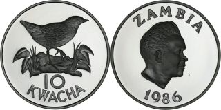 Zambia: 10 Kwacha Silver 1986 (wwf 25,  Flufftail) Proof In Capsule With