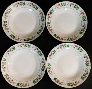 4 Gibson Christmas Charm Everyday Housewares Holly Berry Porcelain Soup Bowls