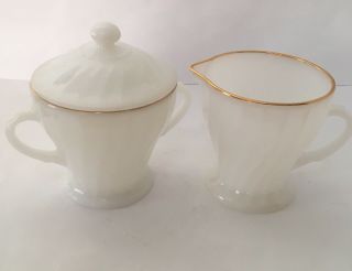 Vintage Anchor Hocking Milk Glass Sugar Bowl W/ Lid And Creamer.  Swirl Pattern.