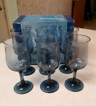 Vintage Set Of 6 Libbey Tulip Wine Goblet Barware Glasses Dusky Blue Orig.  Box