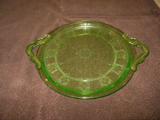 Jeanette Doric Pattern Depression Green Glass Double Handled Cake Plate Vintage