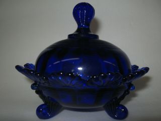 Cobalt Blue Glass Klondyke Pattern Covered Candy Dish Butter Fluted Scrolls Bowl