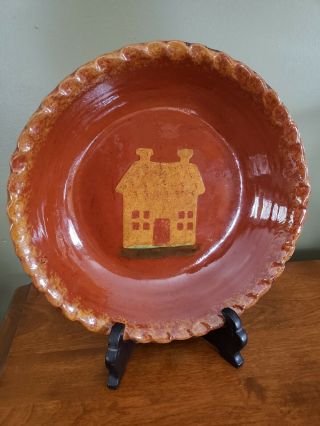 1986 Ned Foltz Of Pennsylvania Redware Pottery Deep Or Pie Plate House 10 "