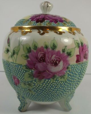 Antique Hand Painted Nippon (?) Ginger Jar Or Tea Caddy W/ Moriage Decoration
