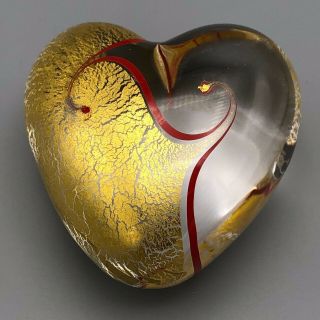 Signed Robert Held Heart Shaped Art Glass Paperweight Red Swirl With Gold Leaf