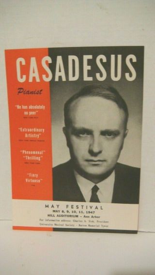 1947 Robert Casadesus French Pianist Hill Auditorium Ann Arbor Mi U Of M Flyer