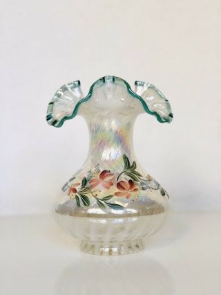 Vintage Fenton Opalescent Iridescent Spiral Optic Hand Painted Vase D Barbour
