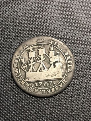 1767 Danish West Indies 12 Skilling Silver Coin,  Rare,  Antique