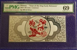 2018 Niue 20 Cent Disney Mickey Year Of The Dog.  999 Silver Note Pmg Gem Unc 69