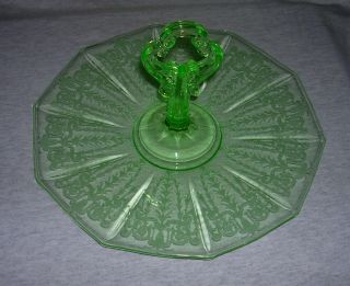 Cambridge Decagon Light Emerald Green 870 Center Handled Tray Etched " Cleo ".