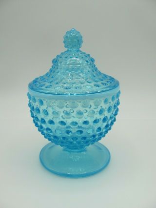 Fenton Glass Blue Opalescent Candy Dish Covered Hobnail 7” H
