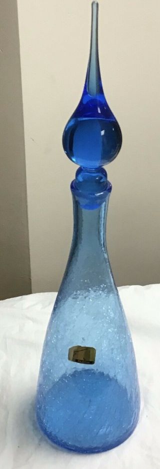 Pilgrim Blue Crackle Glass Decanter Flame Genie Bottle Mid Century Modern
