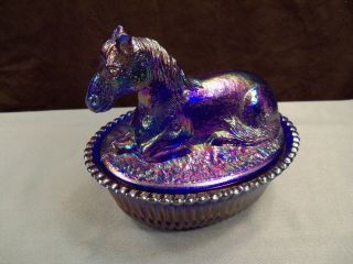 Htf Joe St.  Clair Blue Carnival Glass Horse Pony Covered Candy Dish
