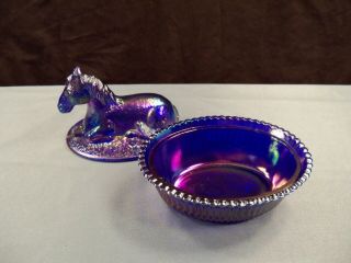 HTF Joe St.  Clair Blue Carnival Glass Horse Pony Covered Candy Dish 2