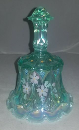 Vintage Fenton Hand Painted 6 " Glass Bell Signed D Wright Blue Flowers