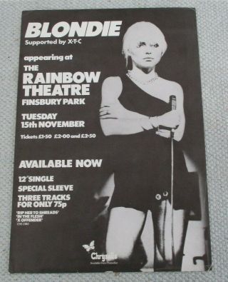 Blondie / Debbie Harry & Xtc Vintage Poster 1977,  11 3/4 " By 8 1/4 ",  Rainbow Thea