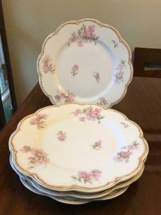 Haviland Dinner Plate Set Of 4 - Pink Wild Roses/double Gold Schleiger 442b