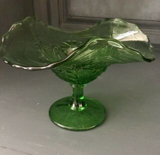 Ruffled Green Depression Glass Candy Dish On Pedestal.
