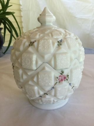 Westmoreland Old Quilt Milk Glass Hand Painted Flowers 2 Pc Covered Candy Dish