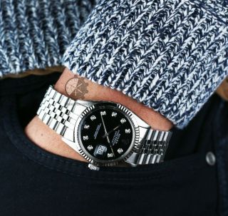 Authentic Rolex Mens Datejust 16014 Steel Black Dial Fluted Bezel 36mm Watch