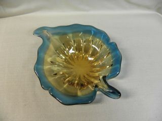 Leaf Shaped Heavy Art Glass Yellow Amber And Blue Dish Bowl Polished Bottom