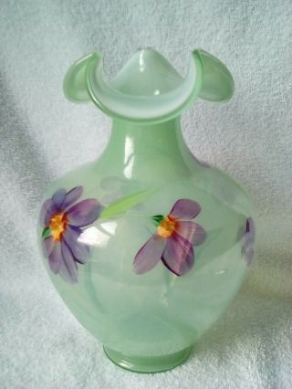 Fenton Art Glass Fern Green Overlay Vase,  Hand Painted By D.  Wright
