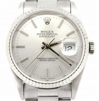 Rolex Datejust Men Stainless Steel & 18k White Gold Oyster Silver No Holes 16234