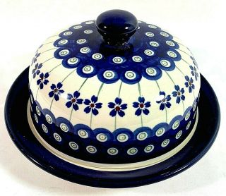 Boleslawiec Polish Pottery Ceramic Covered Dish Handmade Blue Cheese Butter