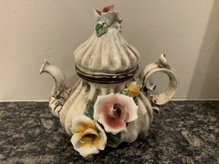 Capodimonte Teapot Porcelain Italy Figurine Centerpiece Rose Flower