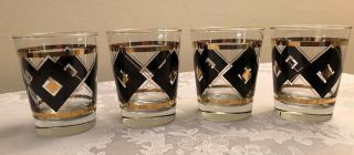 Mid Century Modern Rocks/lowball Glasses - Set Of 4 - Gold And Black Diamonds