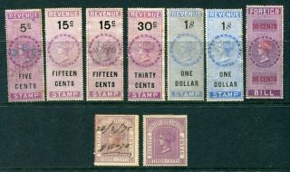 Old Straits Settlements Malaya 9 X Stamp Duty Revenue Stamps To $1 &