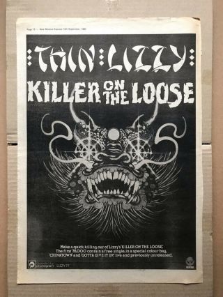 Thin Lizzy Killer On The Loose Poster Sized Music Press Advert From 198