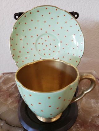 Rare Carlton Ware Demitasse Tea Cup - Green With Orange Dots