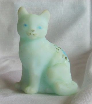 Vintage Fenton Blue Satin Glass Cat Hand Painted And Signed