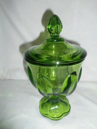 Depression Avacado Green Glass Lidded Scallop Footed Base Pedestal Candy Dish