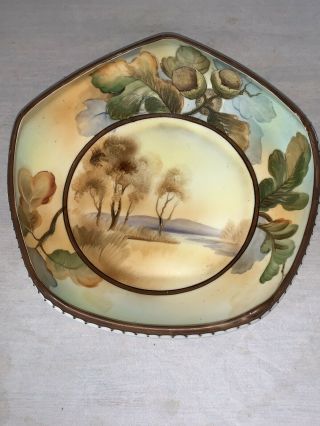 Antique Nippon Moriage Footed Bowl Oak Leaves Acorns And Trees,  Brown Fall Decor