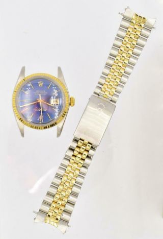 Rare Men ' s Two - Tone Rolex Datejust Blue T Swiss T Dial Wristwatch Ref 16013 2