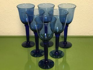 Vintage Blown Glass Cobalt Blue Stemmed Wine/water Goblets (set Of 6)