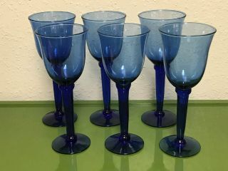 VINTAGE BLOWN GLASS COBALT BLUE STEMMED WINE/WATER GOBLETS (SET OF 6) 2