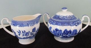 Vintage Alfred Meakin " Old Willow Blue " Creamer & Covered Sugar Bowl England