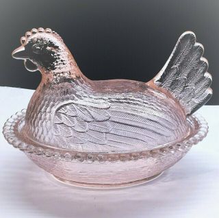 Vintage Indiana Light Pink Glass Chicken Hen On Nest Covered Dish